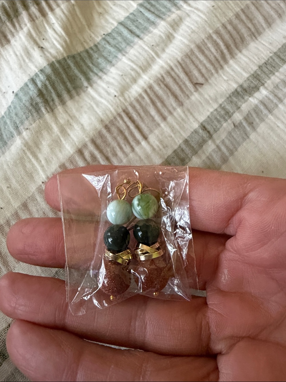 Gold-Tone Dangle Earrings with Green and Brown Gem Beads